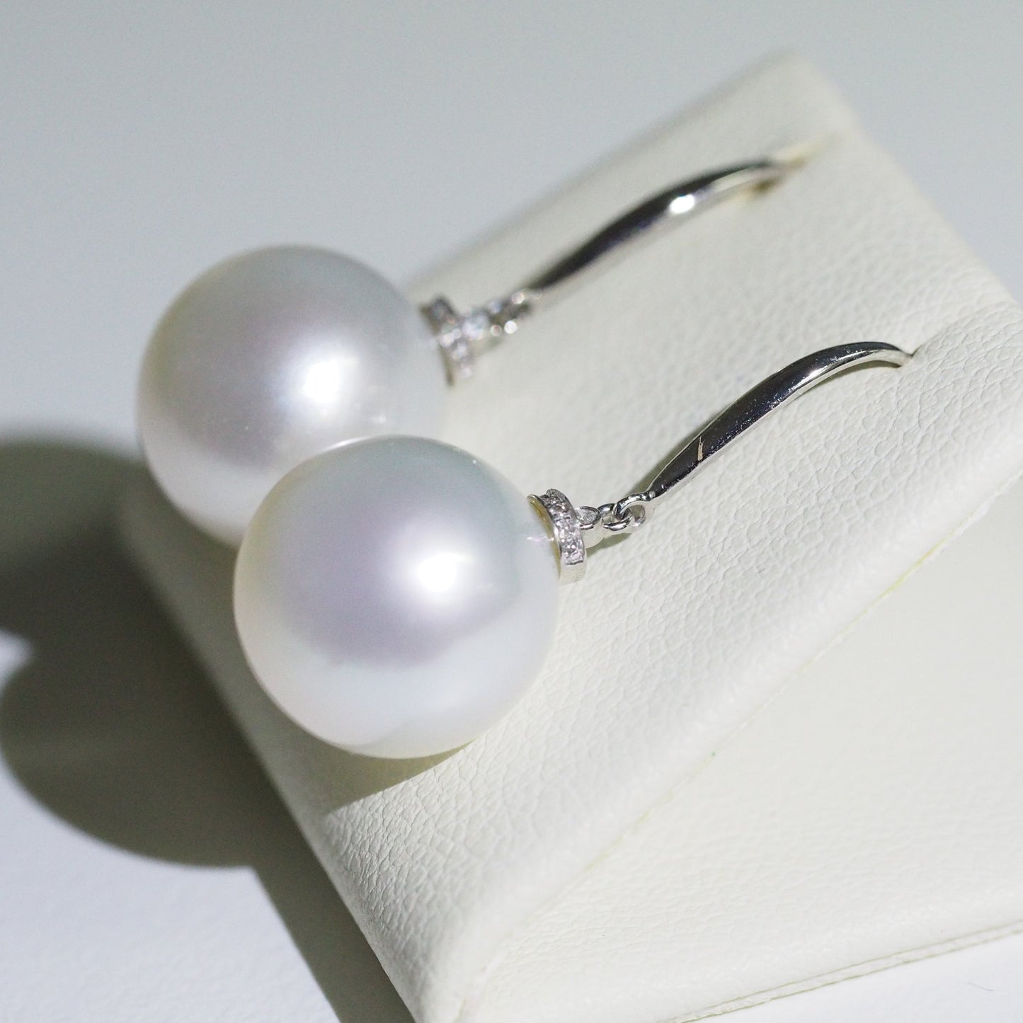 South Sea pearl drop earrings side view — natural diamond 18K white gold | Tayam Sydney CBD