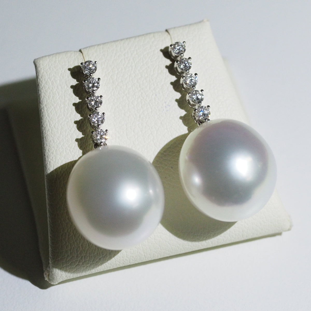 South Sea pearl drop earrings side view — lab diamond 18K white gold | Tayam Sydney CBD