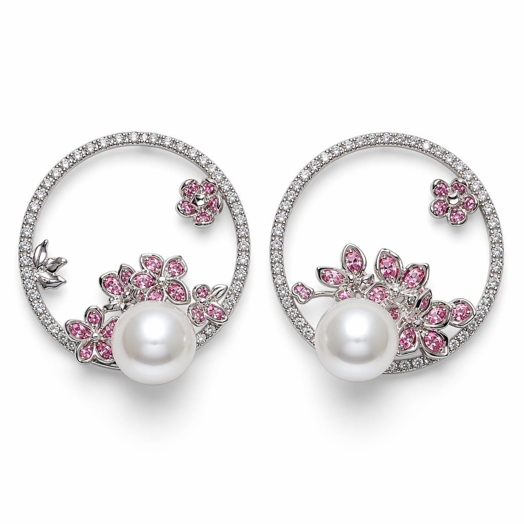 South Sea pearl diamond pink sapphire floral earrings — 18K white gold Chinese-inspired design | Tayam Sydney CBD