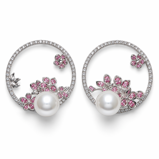 South Sea pearl diamond pink sapphire floral earrings — 18K white gold Chinese-inspired design | Tayam Sydney CBD