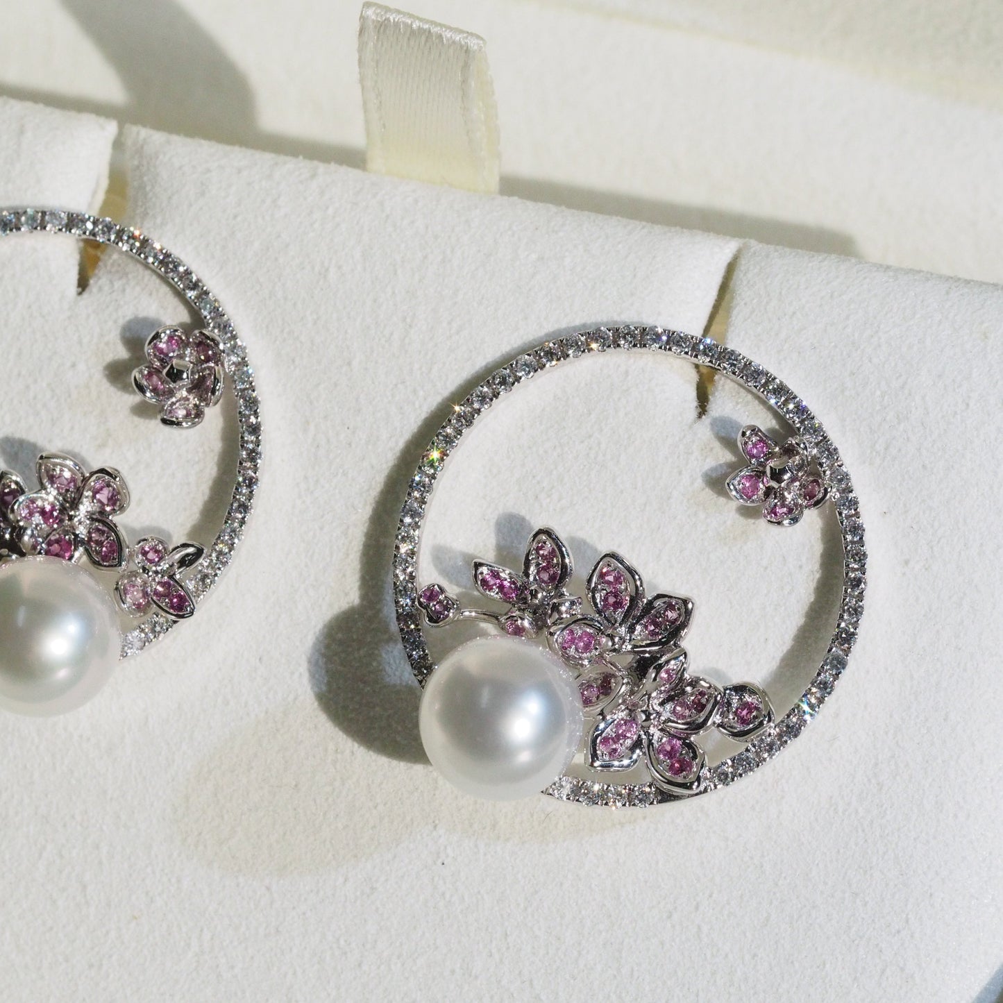 South Sea pearl floral earrings side view — one of a kind design 18K white gold | Tayam Sydney CBD