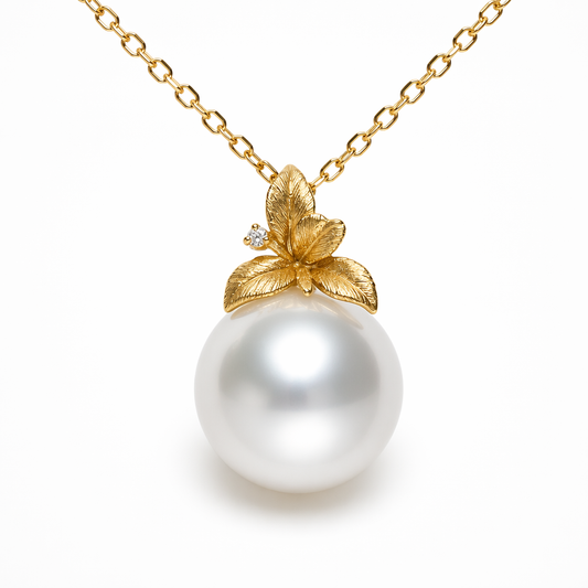 South Sea pearl pendant with brushed leaf design — single diamond 18K yellow gold | Tayam Sydney CBD