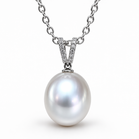 South Sea pearl pendant close-up — oval pearl pink green overtones 9K white gold | Tayam Jewellery Sydney