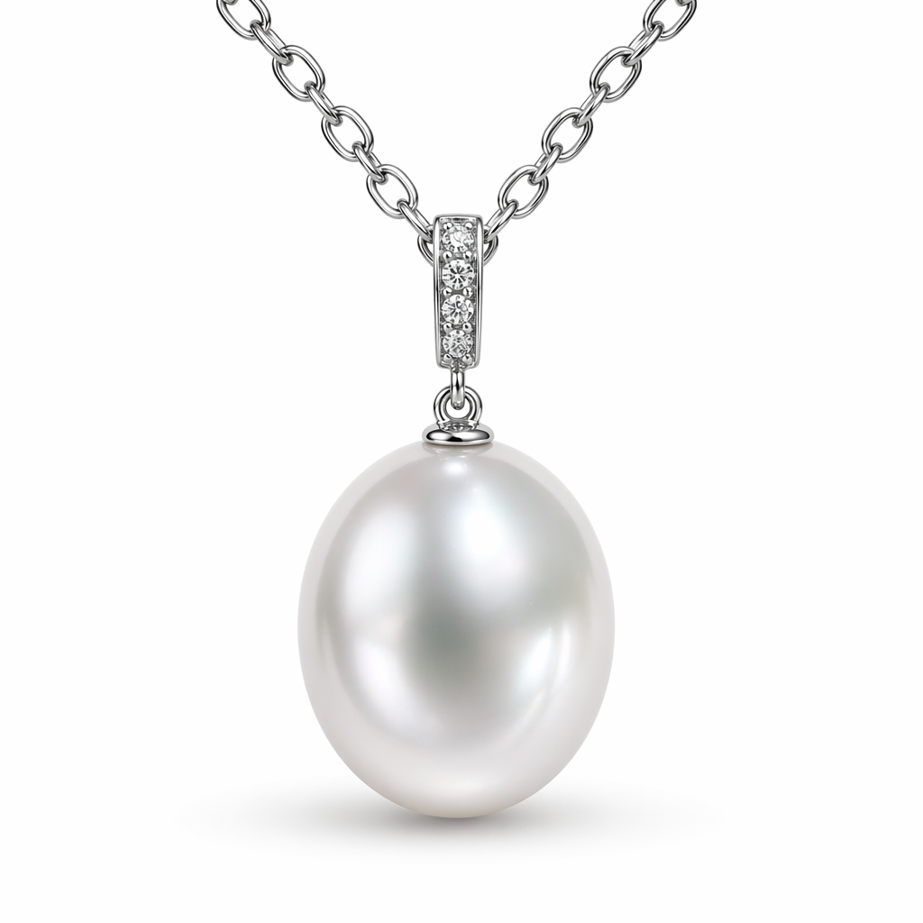 South Sea pearl pendant close-up — oval pearl pink green overtones 9K white gold | Tayam Jewellery Sydney