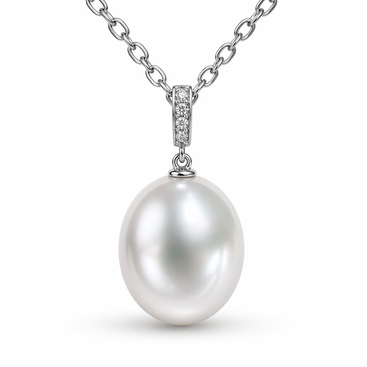 South Sea pearl pendant close-up — oval pearl pink green overtones 9K white gold | Tayam Jewellery Sydney