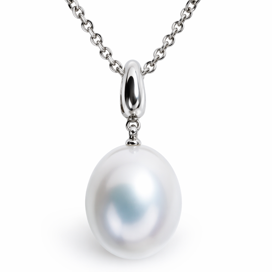 South Sea pearl pendant close-up — drop pearl pink overtones 18K white gold | Tayam Jewellery Sydney