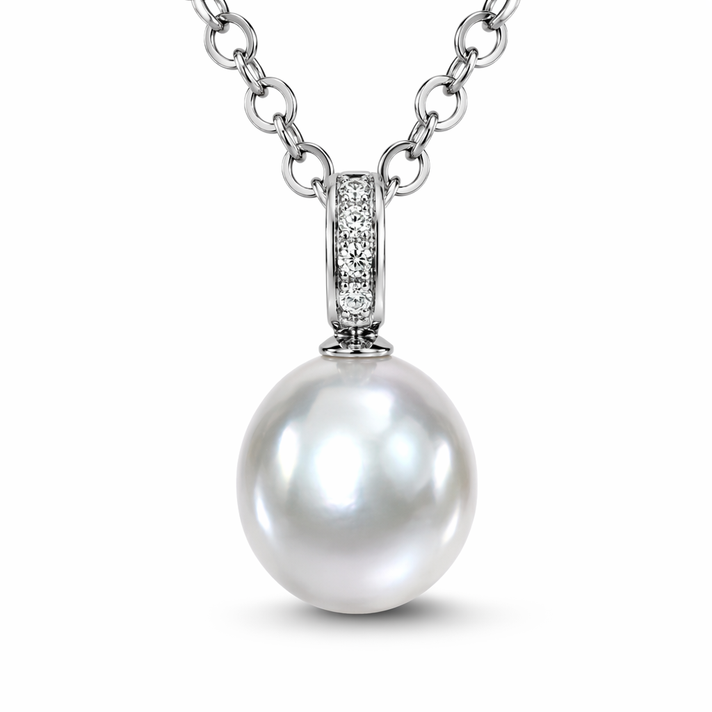 South Sea pearl pendant close-up — near round pearl silver pink overtones 18K white gold | Tayam Jewellery Sydney