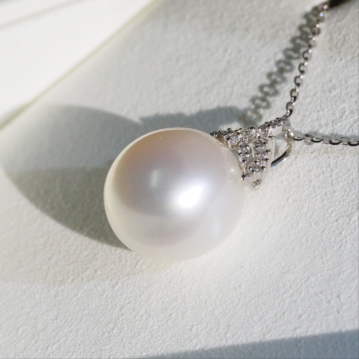 South Sea pearl pendant side view — diamond tiara AAA lustre 18K white gold | Tayam Sydney CBD