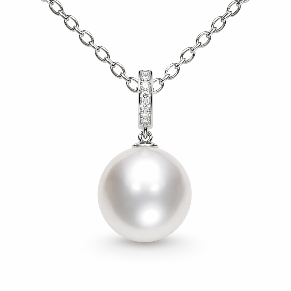 South Sea pearl pendant side view — round pearl 9K white gold | Tayam Sydney CBD