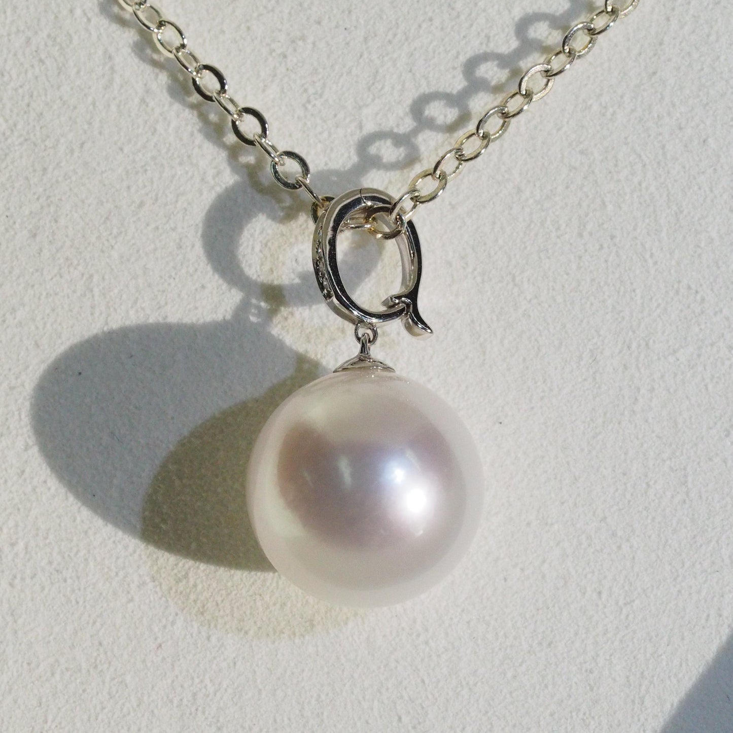 South Sea pearl pendant side view — round classic design 18K white gold | Tayam Sydney CBD