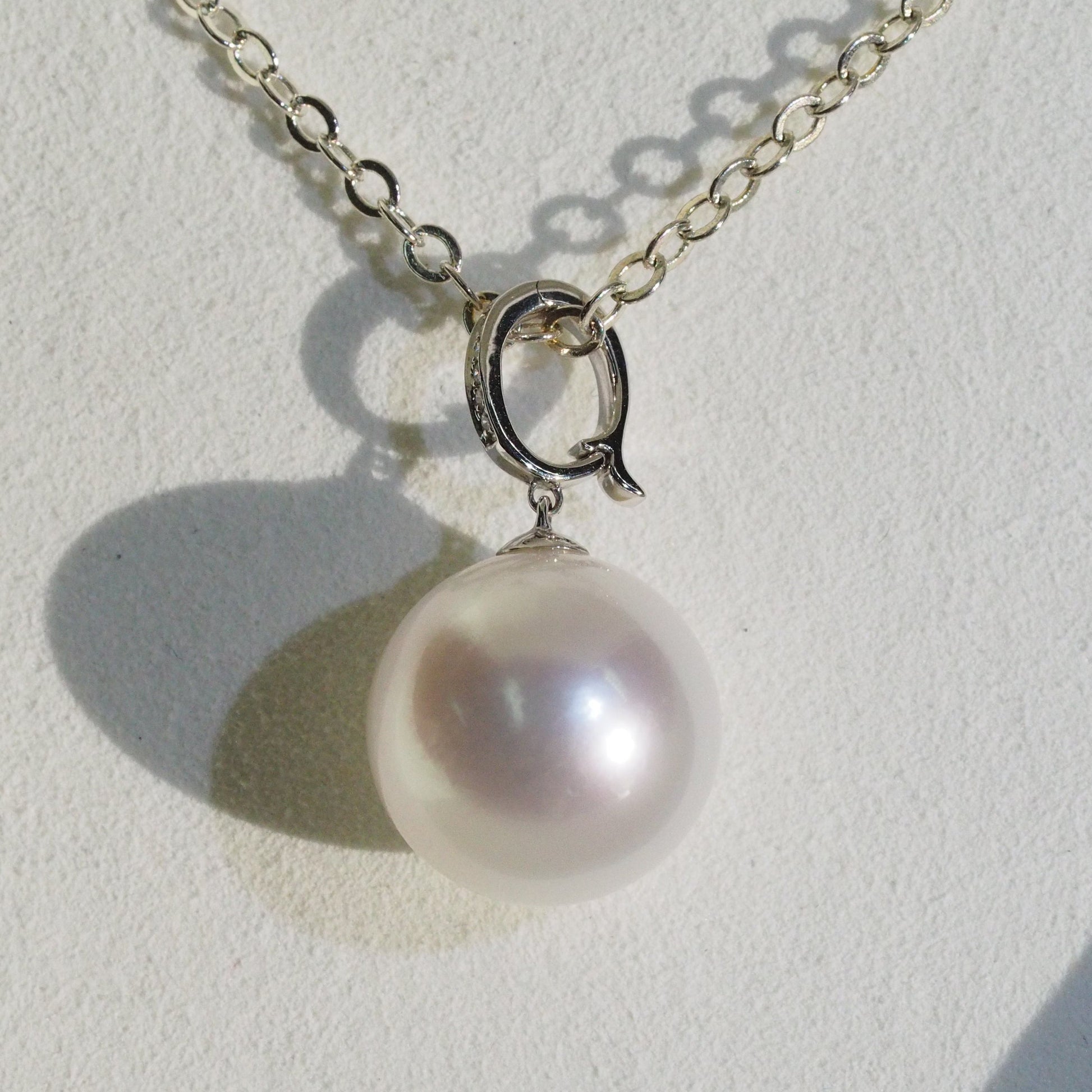 South Sea pearl pendant side view — round classic design 18K white gold | Tayam Sydney CBD