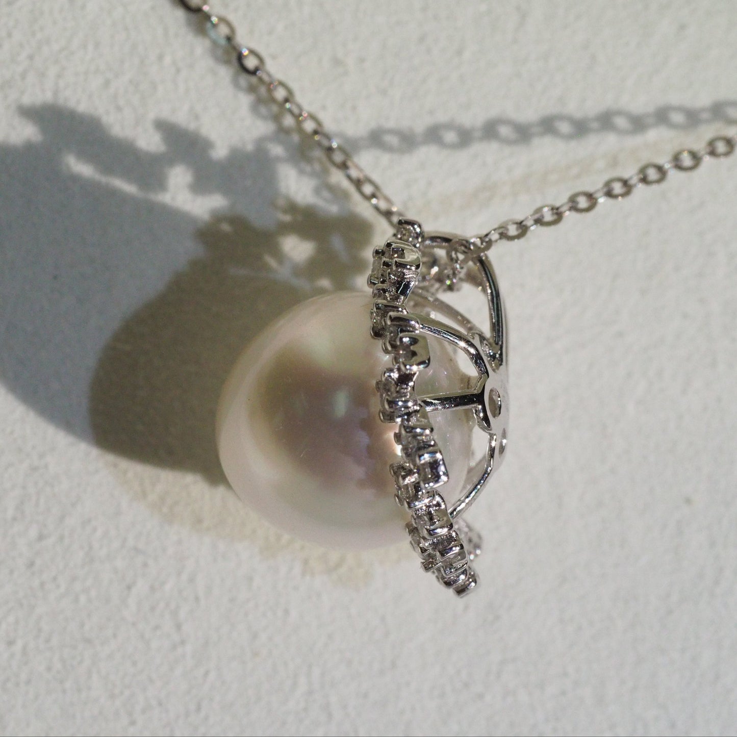 South Sea pearl pendant side view — diamond starburst 18K white gold | Tayam Sydney CBD