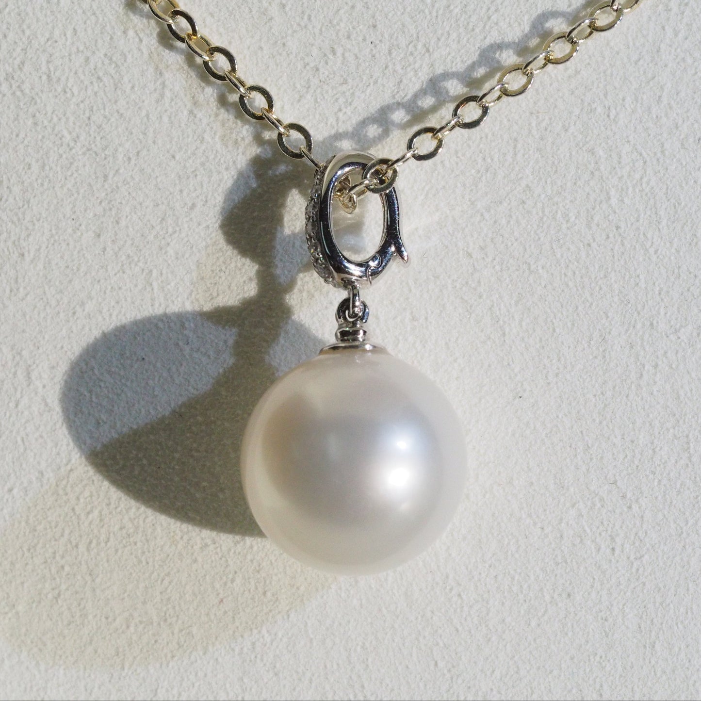 South Sea pearl pendant side view — round classic design 18K white gold | Tayam Sydney CBD