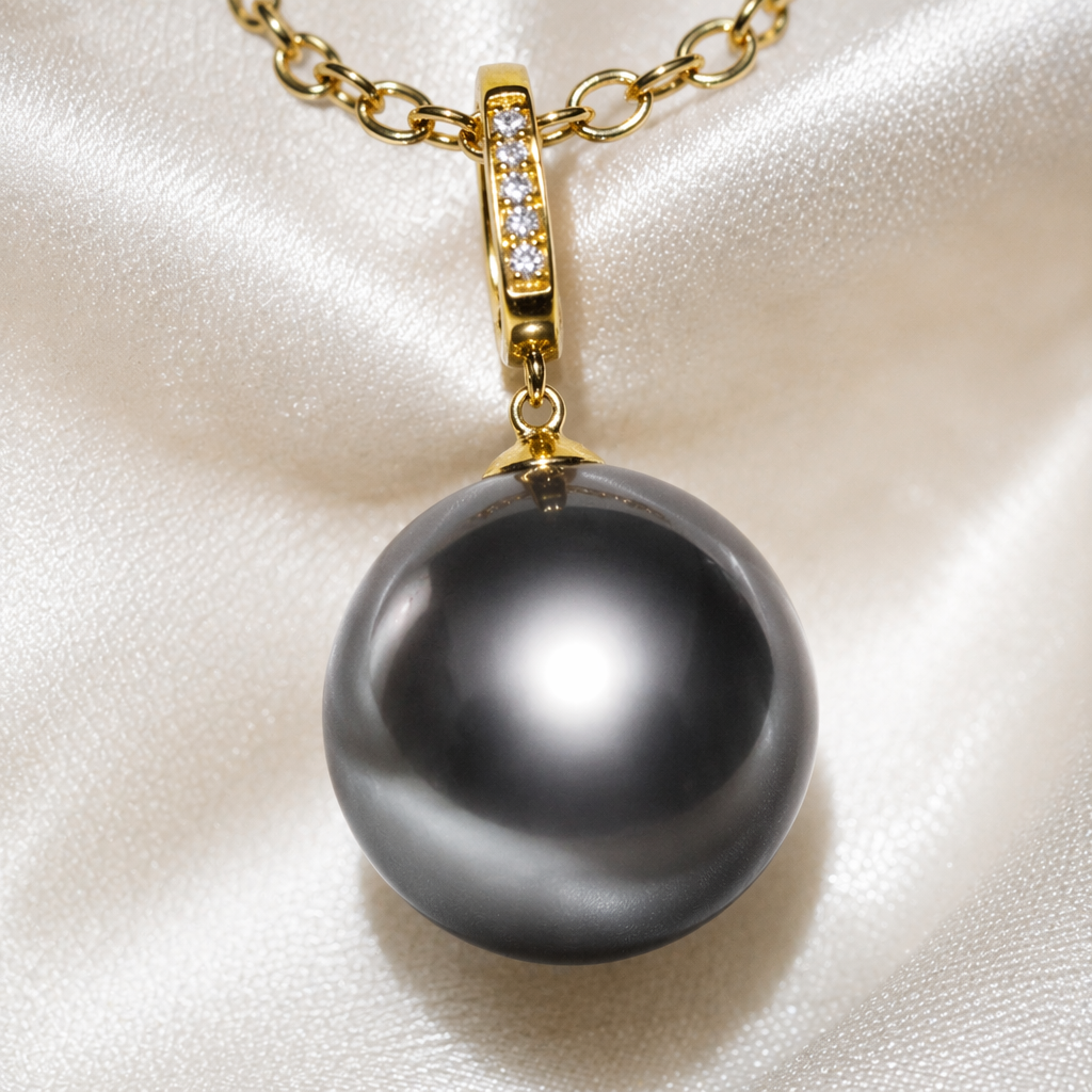 Tahitian black pearl pendant side view — 18K yellow gold diamond bail Sydney CBD | Tayam