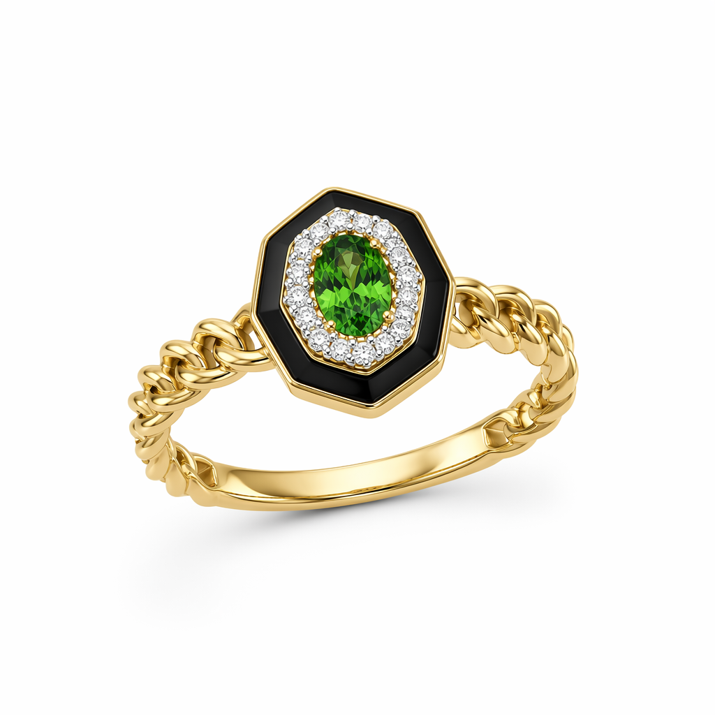 Tsavorite diamond ring with black enamel halo — 9K yellow gold Art Deco design | Tayam Sydney CBD