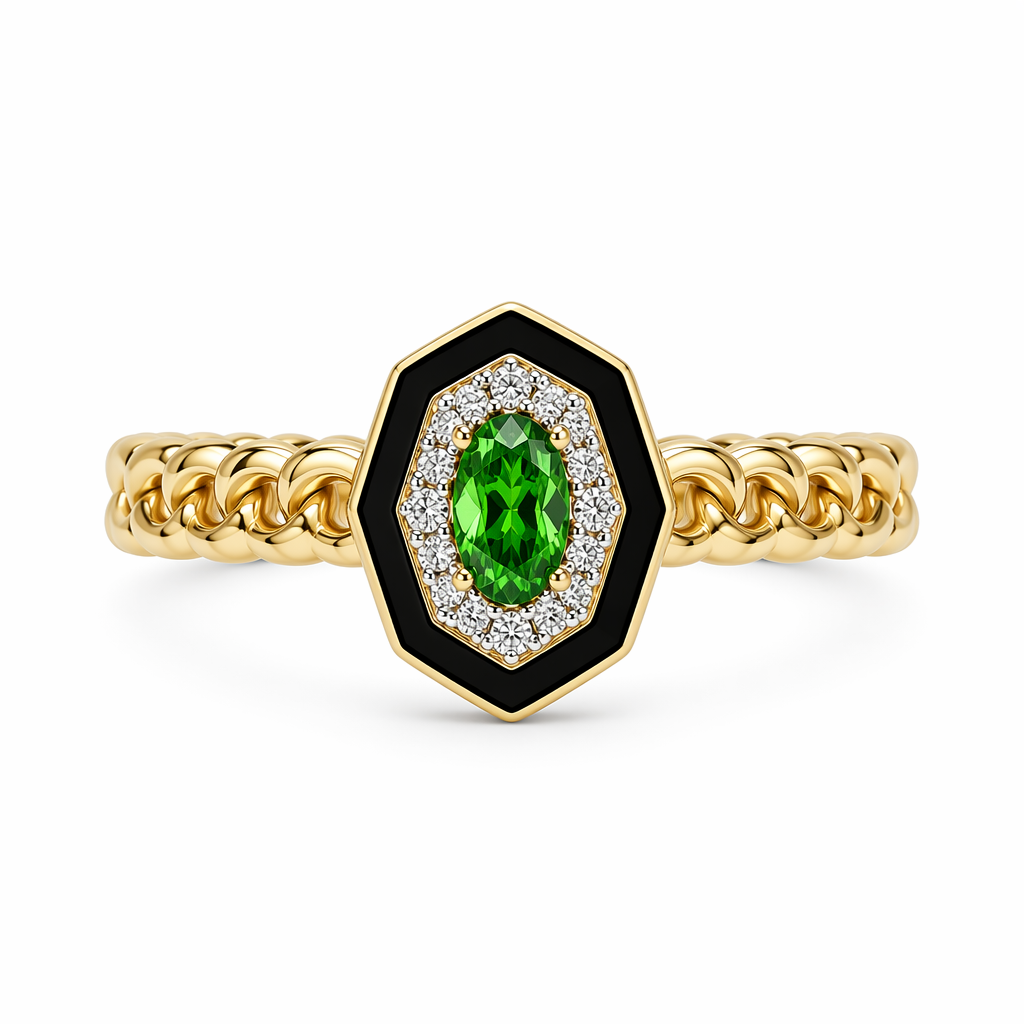 Tsavorite ring close-up — oval cut tsavorite diamond halo black enamel 9K gold | Tayam Jewellery Sydney