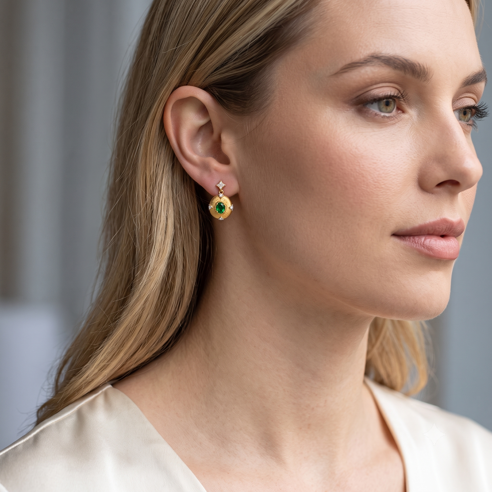 Vintage emerald diamond drop earrings side profile — 18K yellow gold sunburst | Tayam Sydney CBD