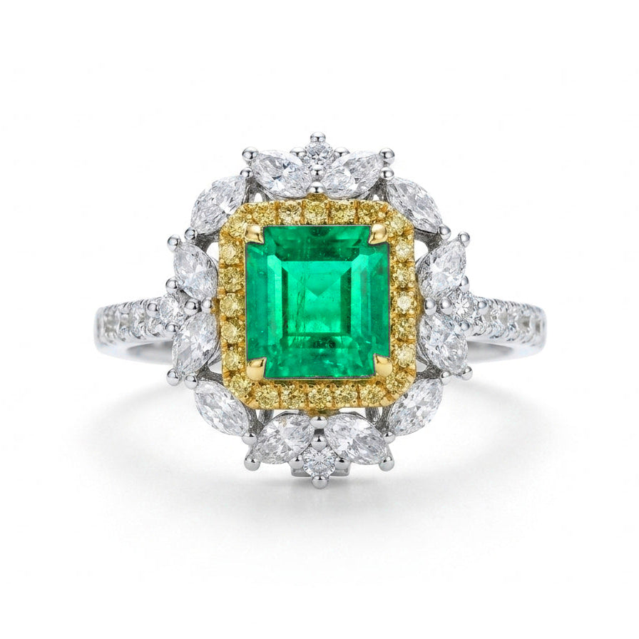 Zambian Vivid Green Emerald engagement ring with yellow diamond halo in 18K gold | Sydney CBD