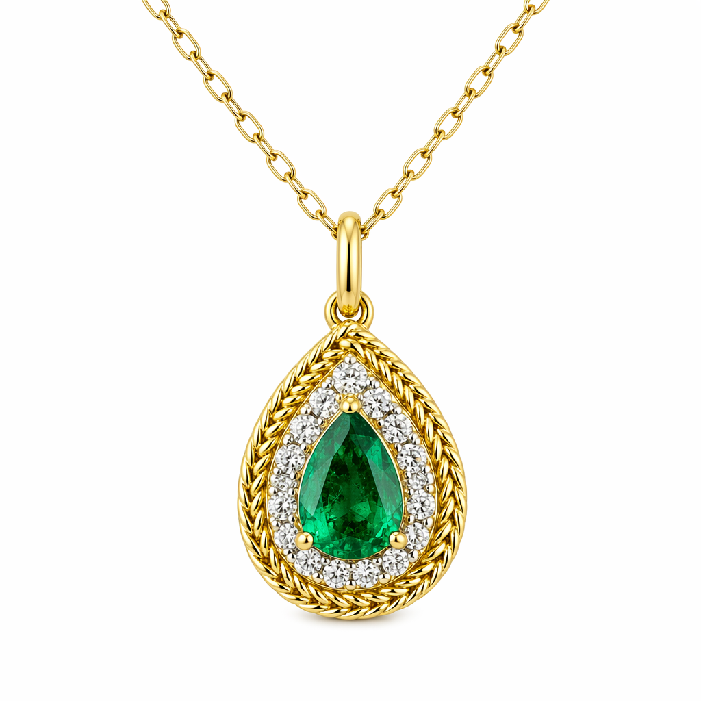 Zambian vivid green emerald pear cut pendant with diamond halo — 18K yellow gold vintage design | Tayam Sydney CBD