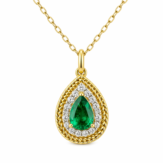 Zambian vivid green emerald pear cut pendant with diamond halo — 18K yellow gold vintage design | Tayam Sydney CBD