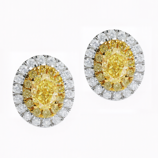 18K Gold Yellow Diamond Earrings – Double Halo Design